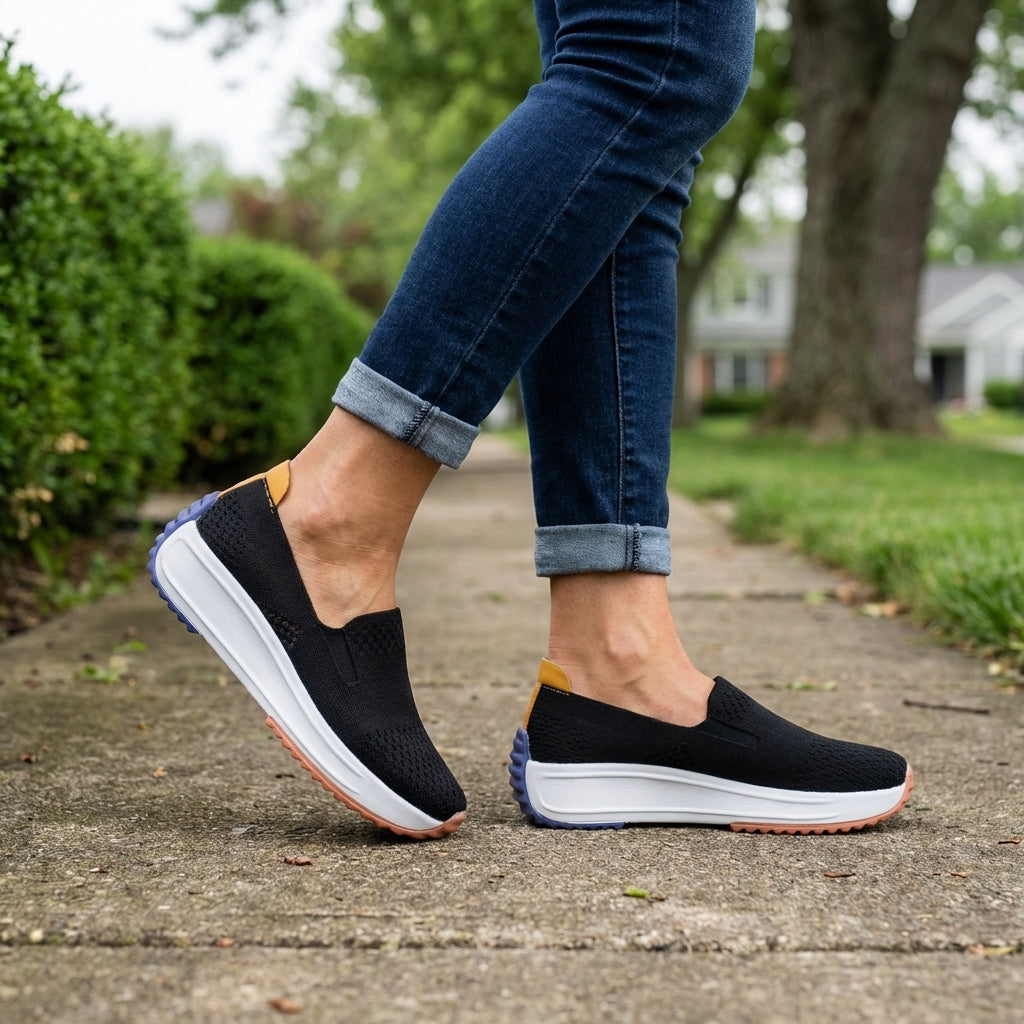 Comfortable women's orthopedic platform slip-on sneakers in black, brown & white for walking & casual wear.