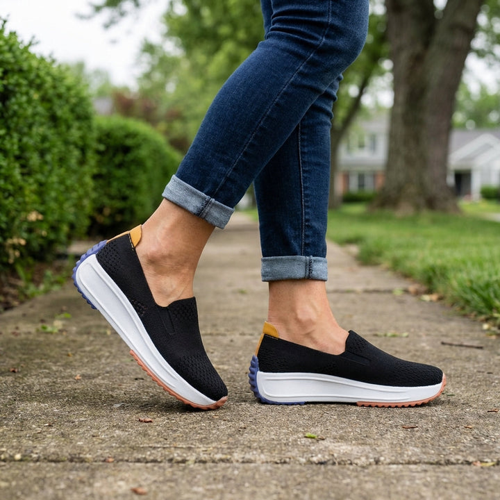 Comfortable women's orthopedic platform slip-on sneakers in black, brown & white for walking & casual wear.