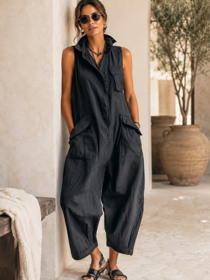 Versatile women's black wide-leg jumpsuit, sleeveless and collared, a comfortable and stylish wardrobe essential.
