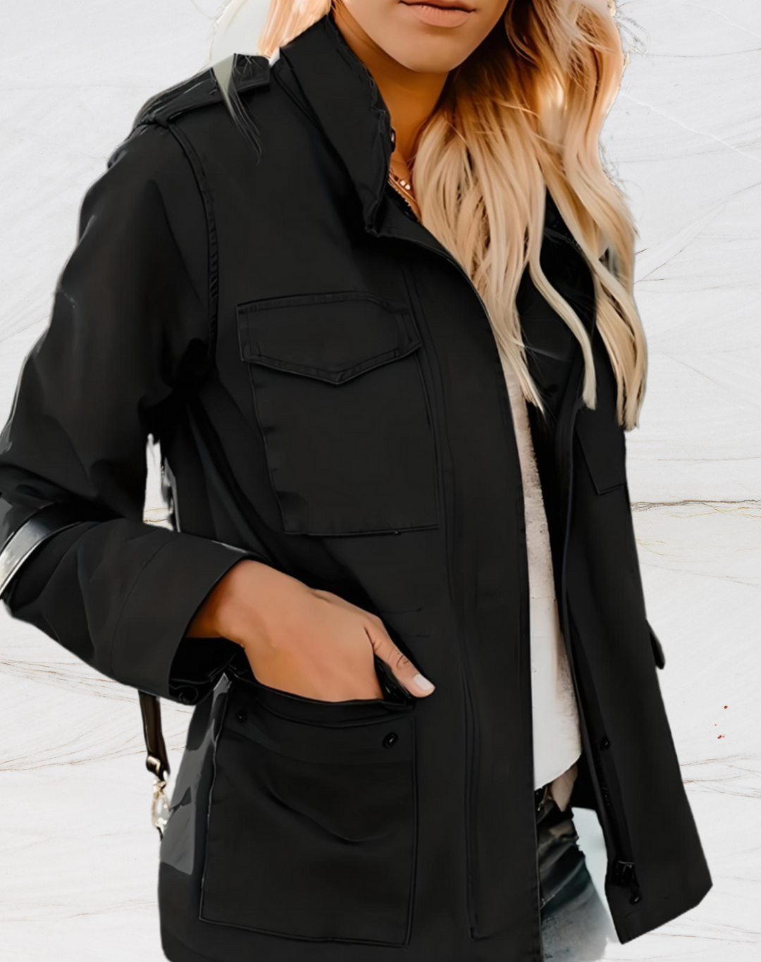 Women's black zippered utility jacket, perfect versatile lightweight outerwear for everyday casual fall and spring style.