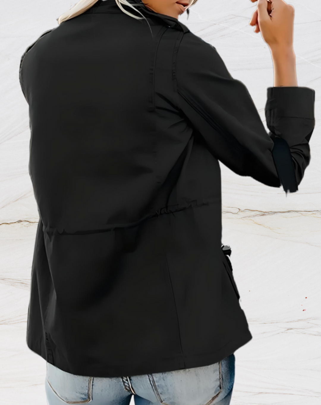 Versatile women's black utility jacket, a chic zippered outerwear for everyday wear, ideal for fall and spring layering.