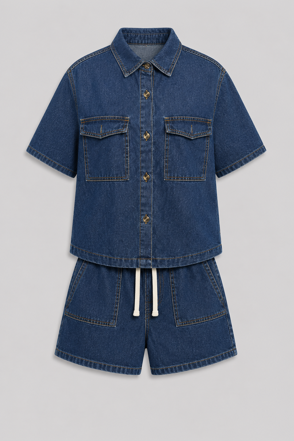 Matching women's two-piece denim set with short sleeve jacket & shorts, versatile for everyday wear.