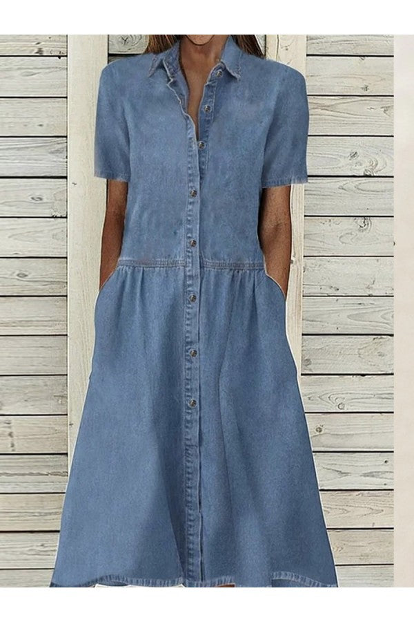 Women's blue effortless button-down short sleeve midi dress for summer, office, or casual everyday wear.