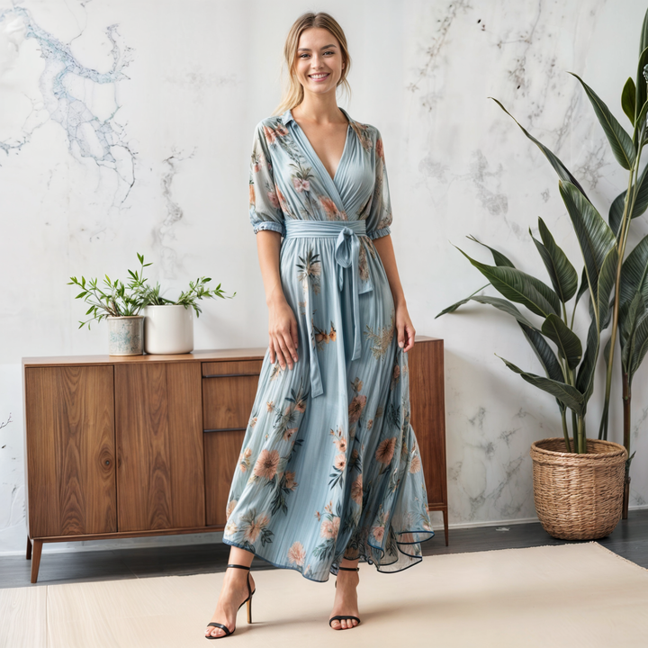 Elegant women's blue floral wrap maxi dress featuring puff sleeves & V-neck, ideal for spring garden parties.