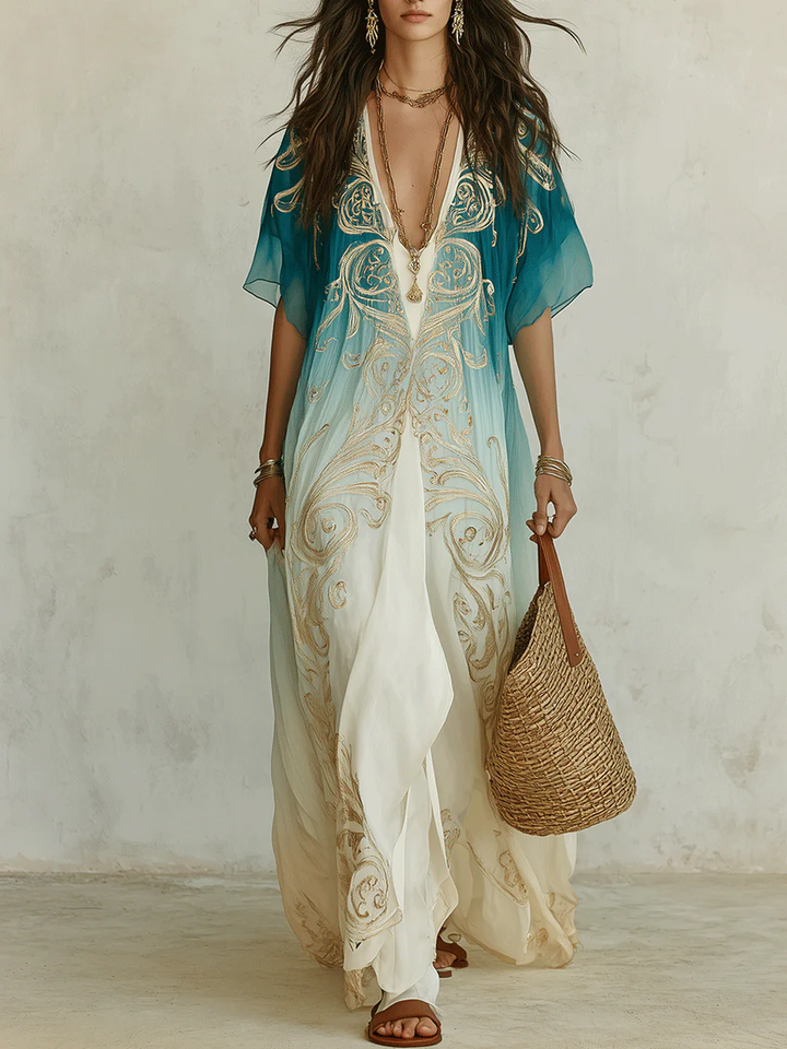 Women's blue ombre kaftan maxi dress, V-neck, flowing boho style. Ideal for summer, beach & resort wear.