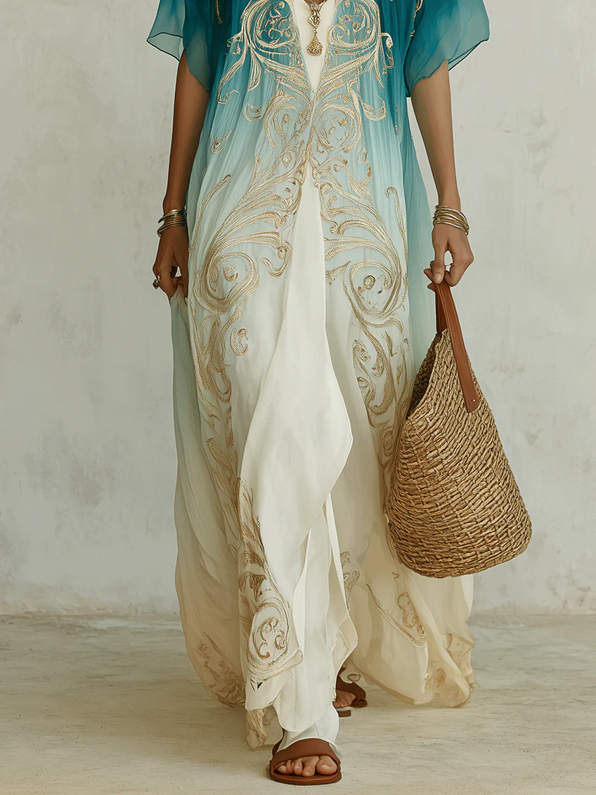 Women's casual blue ombre V-neck kaftan maxi dress. Flowing boho design, ideal for summer, vacation & beachwear.