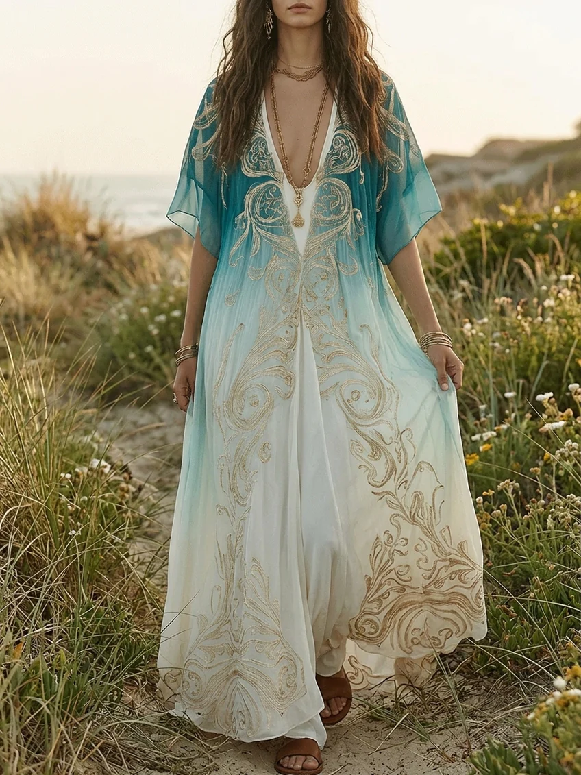 Women's blue ombre V-neck kaftan maxi dress. Flowing boho summer dress, ideal for resort & beach casual.