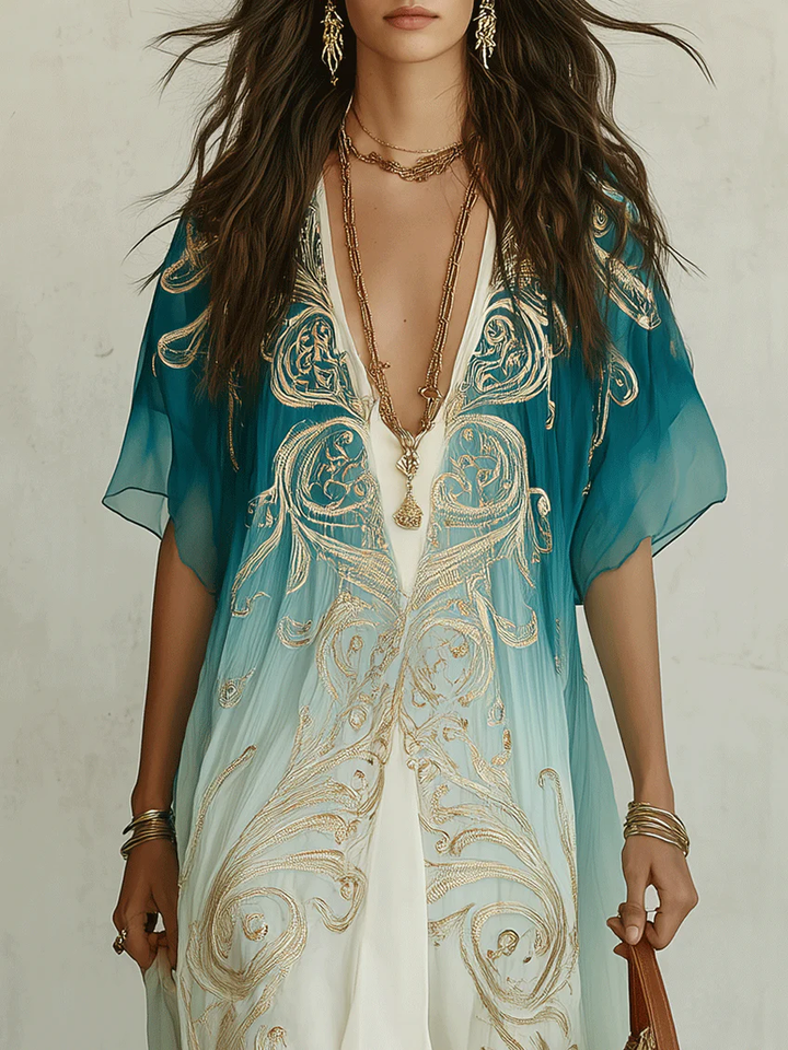 Long blue ombre kaftan maxi dress for women. V-neck, flowing bohemian style, perfect for summer beach days.