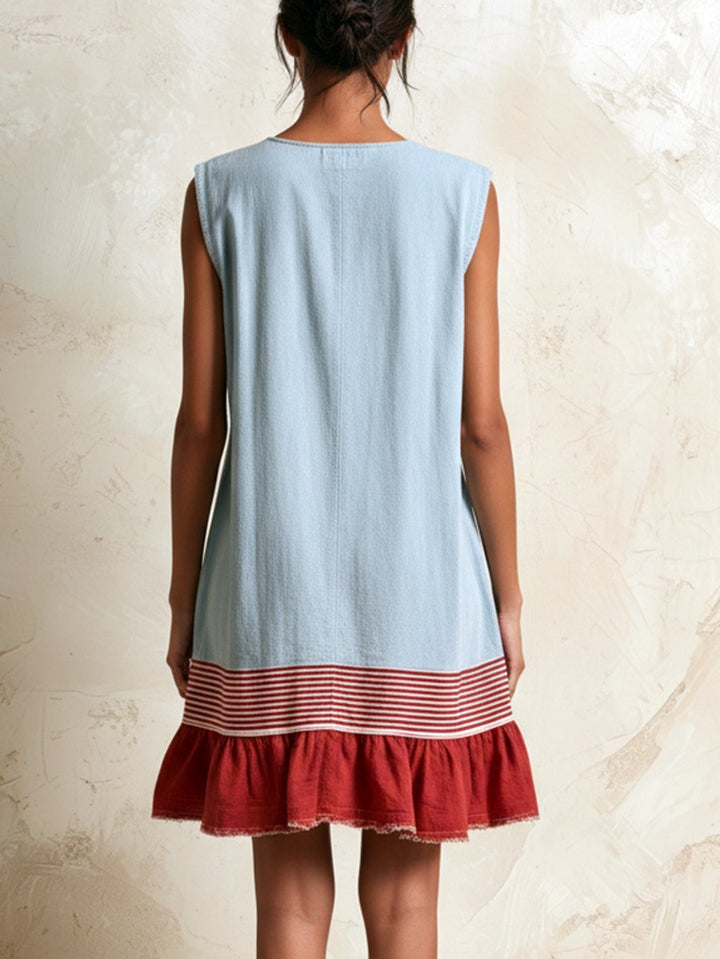 Boho chic women's blue tiered mini dress with ruffles & contrast trim. Perfect for summer beach style.