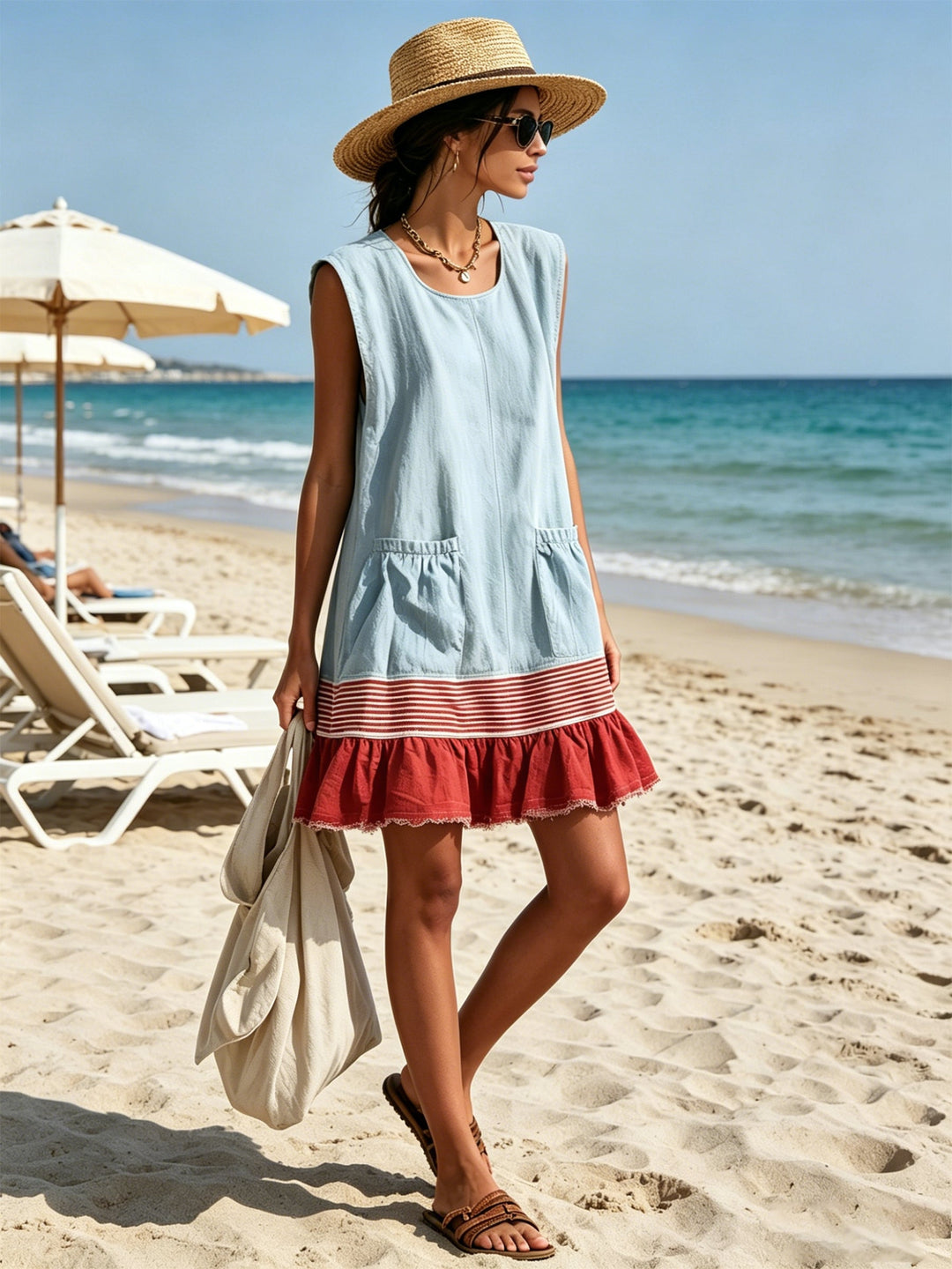 Stylish women's blue tiered mini dress, perfect as a casual day dress or beachwear. Ruffle details.