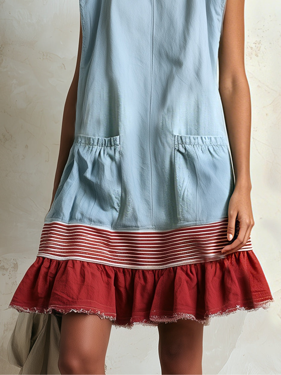 Comfortable women's blue ruffle mini dress, tiered design with contrast border. Essential summer style.