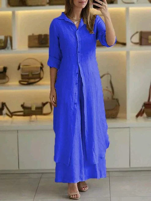 Women's blue shirt maxi dress with 3/4 sleeves, button-down front. Perfect casual elegant summer dress.