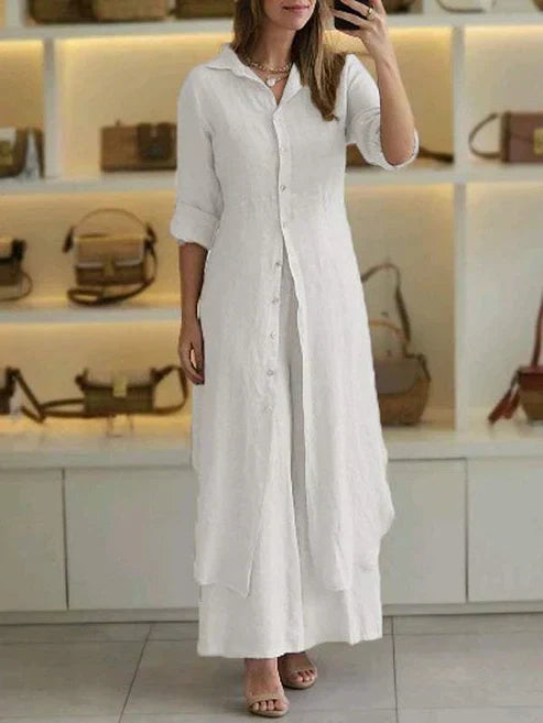 Chic white women's shirt maxi dress, 3/4 sleeve button-down. Ideal for spring and summer casual wear.