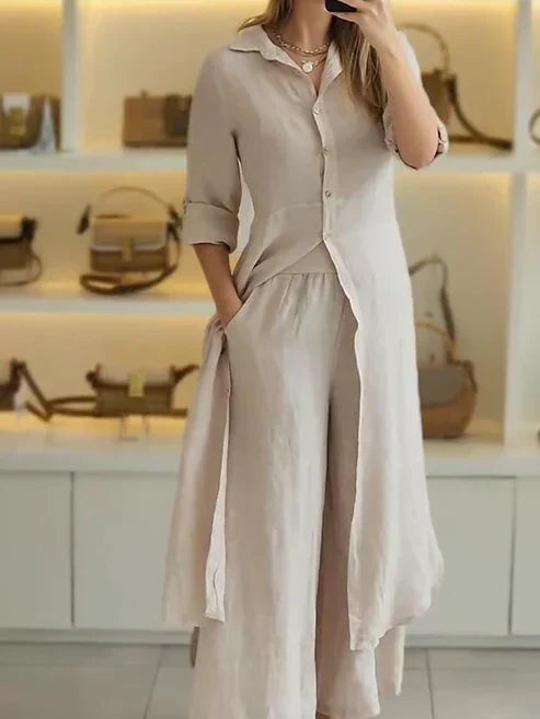 Elegant khaki women's button-down shirt maxi dress with 3/4 sleeves. Versatile day dress for any season.