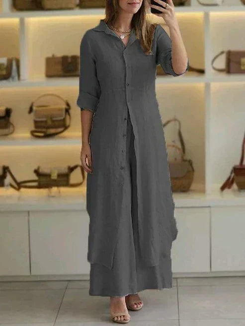 Gray women's 3/4 sleeve shirt maxi dress. Comfortable and stylish button-down casual dress for spring.
