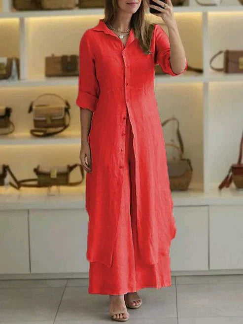 Stylish women's long shirt dress with 3/4 sleeves. Flowy button-down maxi style, perfect for day or evening.
