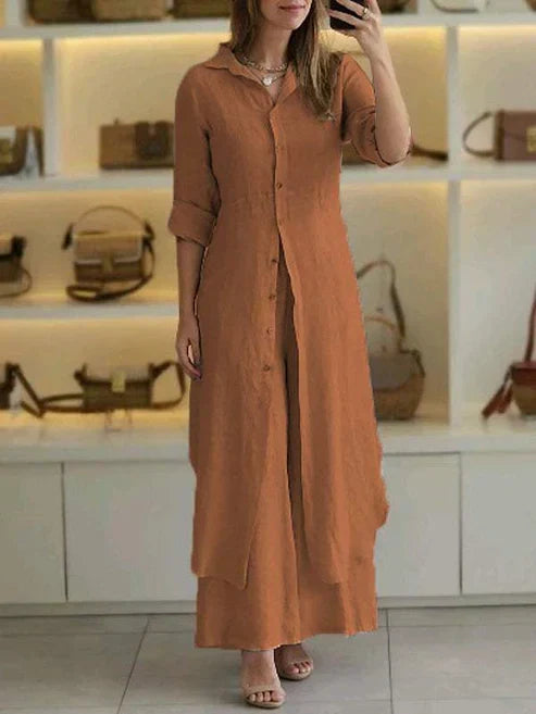 Casual blue button-down women's shirt maxi dress, 3/4 sleeves. A comfortable and elegant spring/summer outfit.