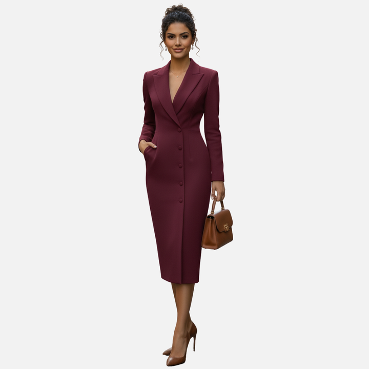Sophisticated women's midi dress, bodycon fit, blazer style, suitable for work, office & formal dinners.