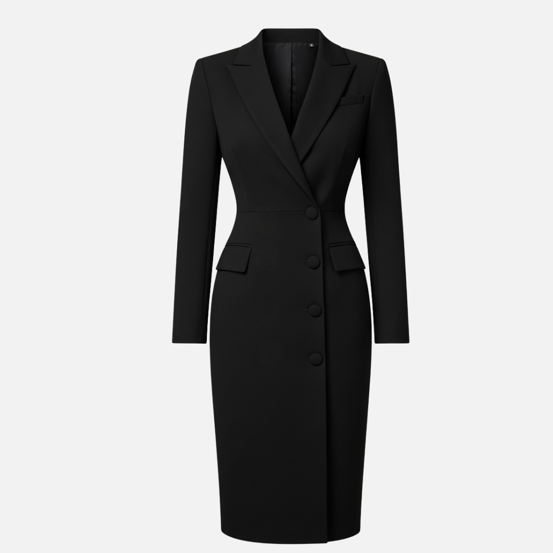 Professional women's blazer-style bodycon midi dress with elegant V-neck & fitted silhouette.