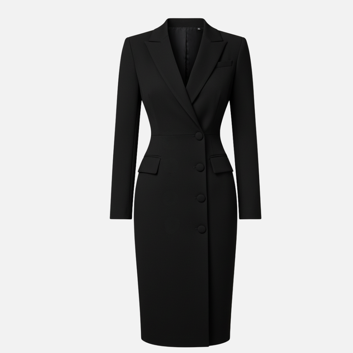 Professional women's blazer-style bodycon midi dress with elegant V-neck & fitted silhouette.