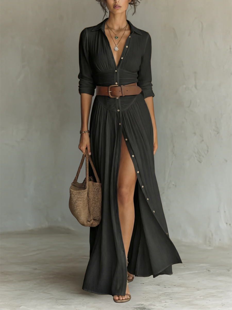 Women's Bohemian black maxi dress with collared button front, long sleeves, and side slit. Perfect for summer vacation.