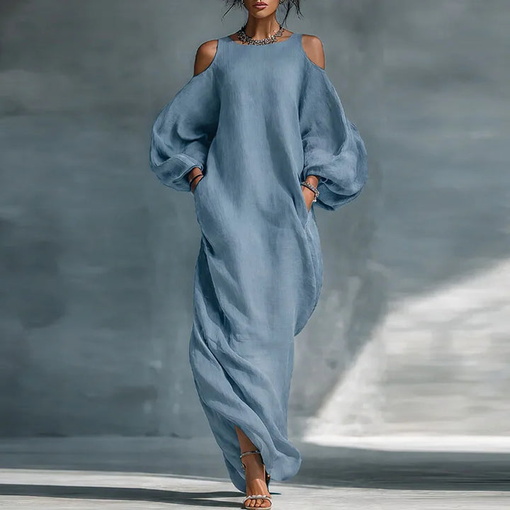 Women's bohemian cold shoulder maxi dress with long sleeves, flowy design. Perfect elegant casual summer/fall dress.
