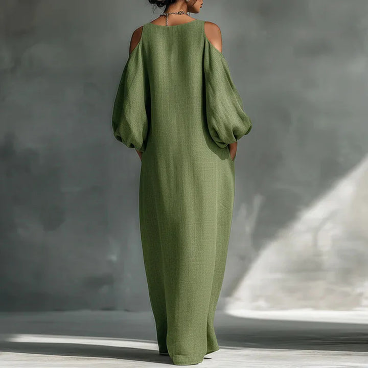 Women's long sleeve cold shoulder maxi dress. Bohemian style, flowy & relaxed fit, ideal for casual elegant summer/fall.