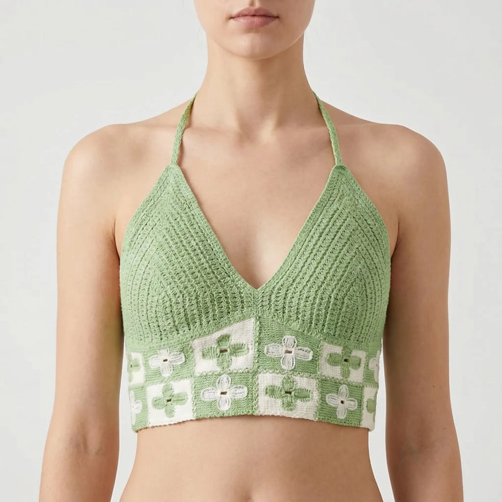 Vibrant women's Bohemian crochet halter crop top, perfect for summer beach outfits & festival fashion.
