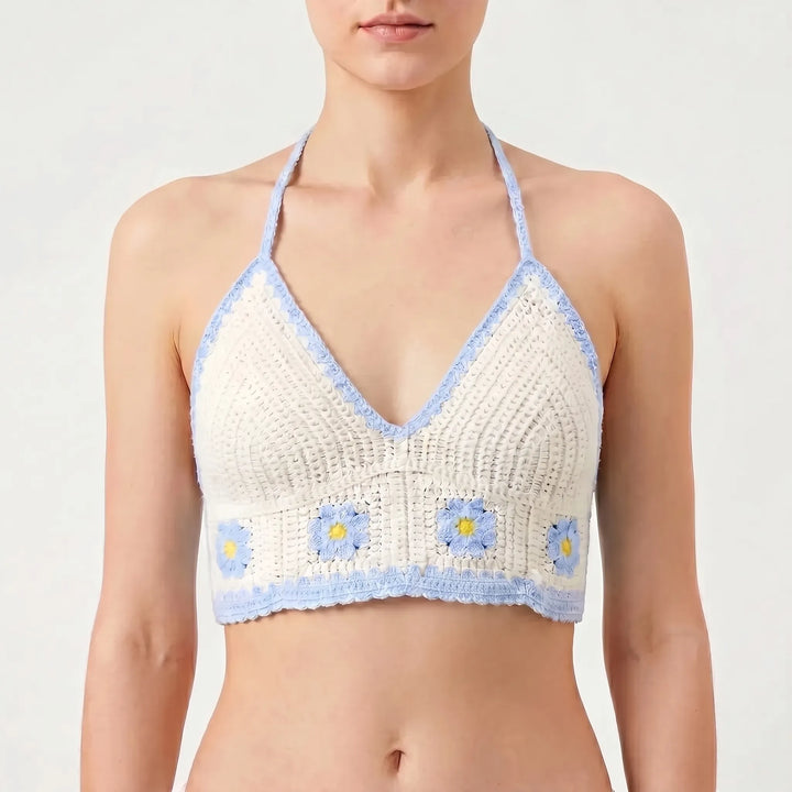 Versatile women's Bohemian crochet halter crop top, suitable for beach, festival & summer outfits.