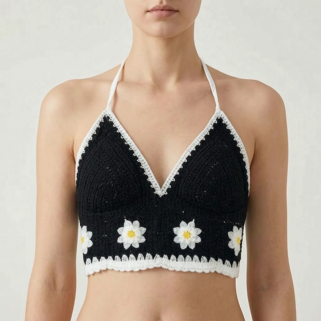 Adjustable women's Bohemian crochet halter crop top, ensuring a perfect fit for summer adventures.