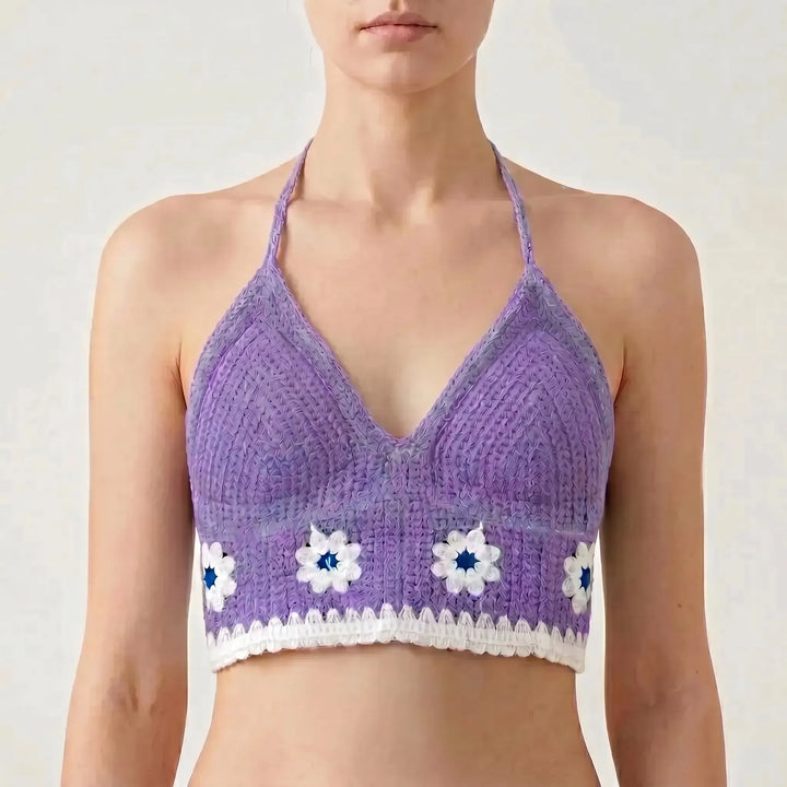 Women's Bohemian crochet halter crop top styled for a trendy summer beach or festival look.