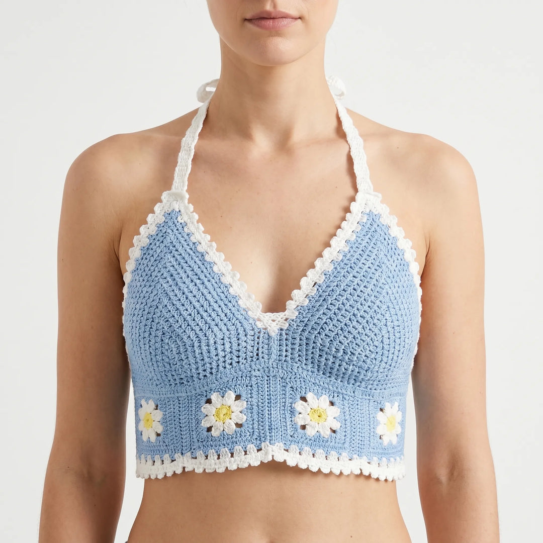 Stylish women's Bohemian crochet halter crop top with adjustable fit, ideal for summer style.