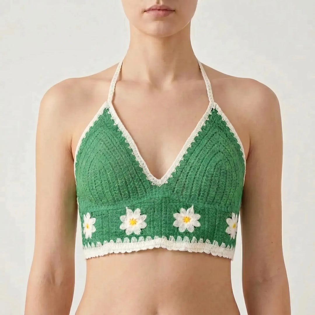 Front view: Women's Bohemian crochet halter crop top, showcasing summer beachwear & festival style.