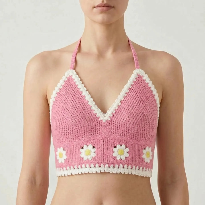 Back view: Adjustable women's crochet halter crop top, ideal for summer beach & festival fashion.