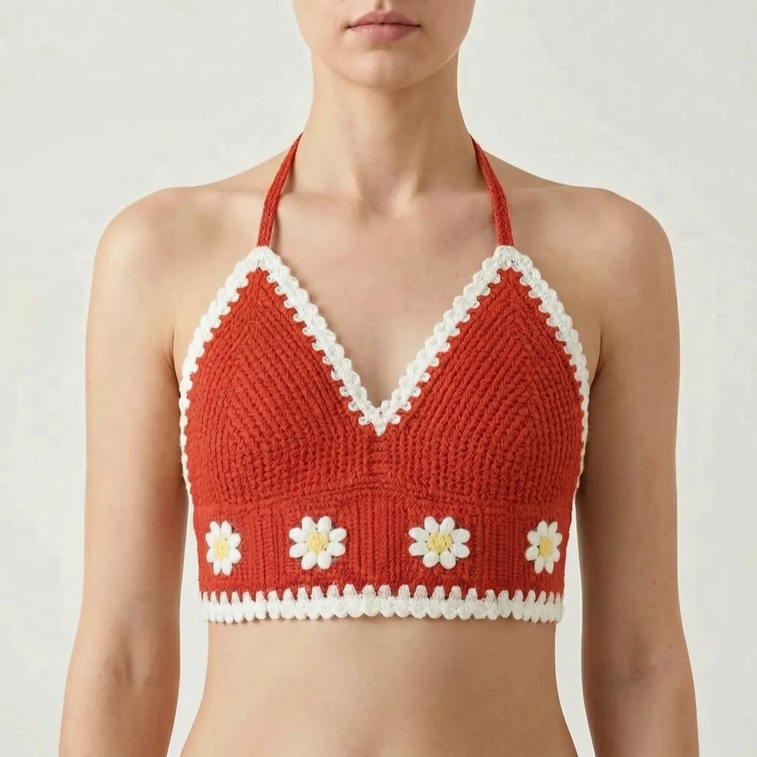 Model wearing a women's Bohemian crochet halter crop top, showcasing comfortable summer beach style.