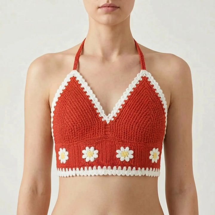 Model wearing a women's Bohemian crochet halter crop top, showcasing comfortable summer beach style.