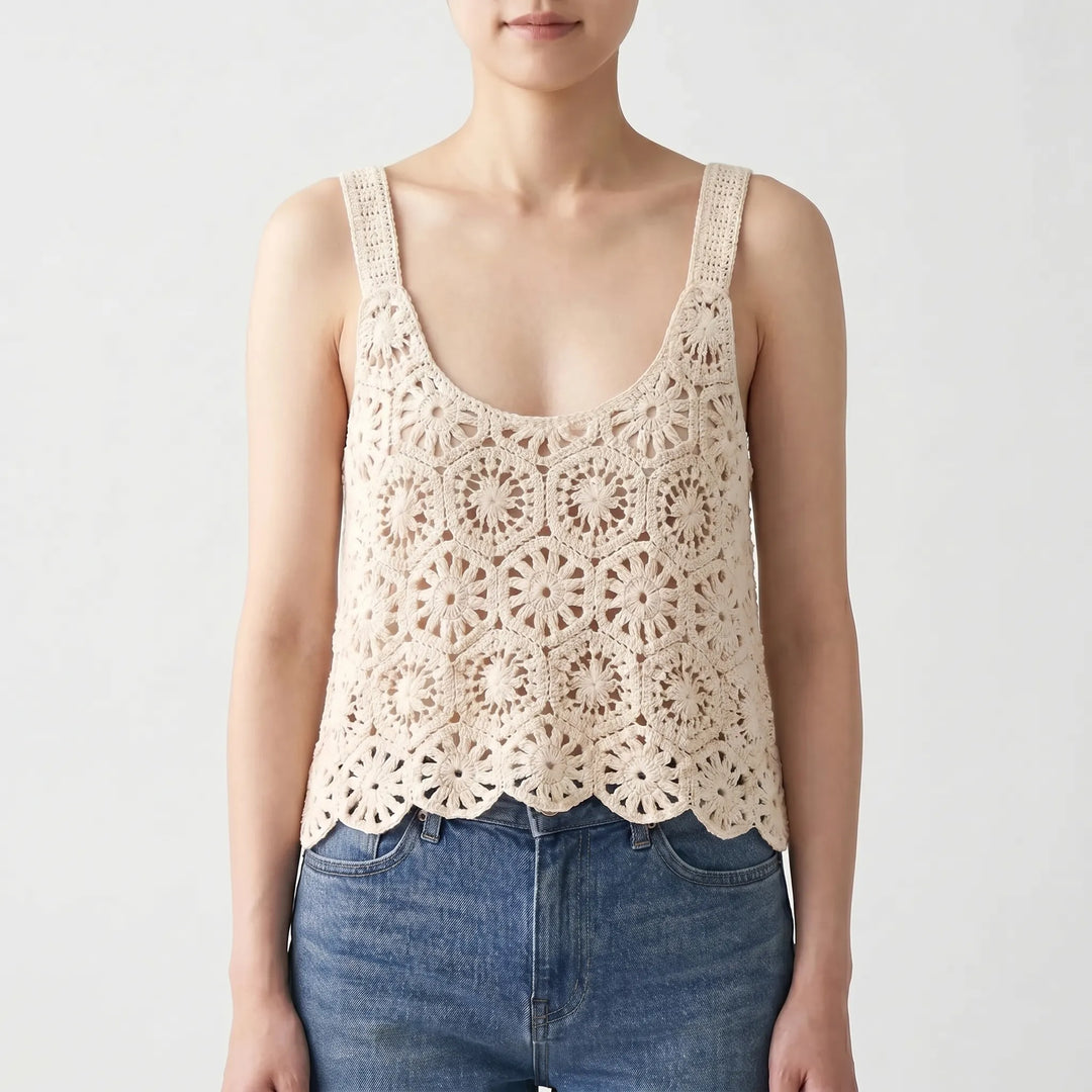 Beige bohemian crochet sleeveless crop top for women. Ideal for summer vacation, beach, or casual resort wear.