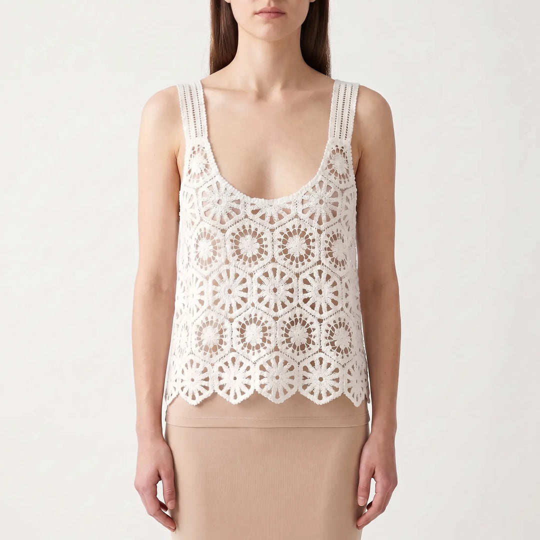 Women's bohemian style sleeveless crop top with delicate crochet open knit, a perfect casual summer tank.