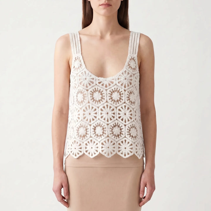 Women's bohemian style sleeveless crop top with delicate crochet open knit, a perfect casual summer tank.