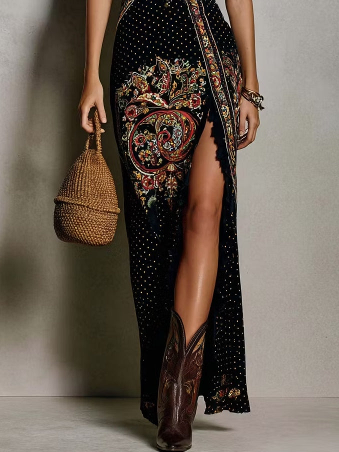 Stylish women's embroidered maxi dress with a flowing high slit, perfect for a bohemian summer look or vacation.