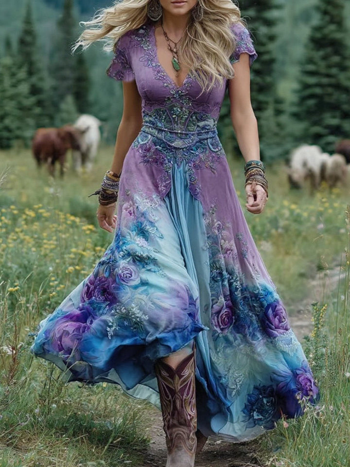 Women's bohemian floral maxi dress with a flowing silhouette, perfect for summer occasions and vacation.