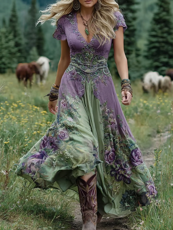 Elegant women's floral maxi dress featuring flutter sleeves and a vibrant bohemian pattern, ideal for parties.