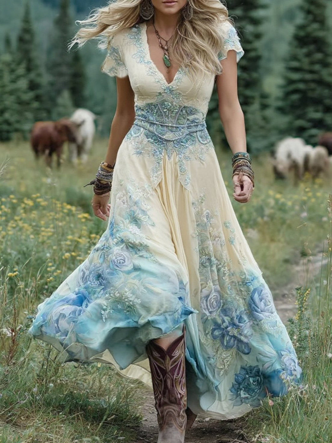 Long flowing women's bohemian dress with a vibrant floral print, offering an elegant and comfortable summer style.