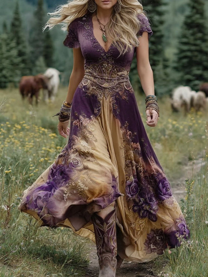 Stylish women's floral bohemian maxi dress, a comfortable and elegant long summer dress with a flowing design.