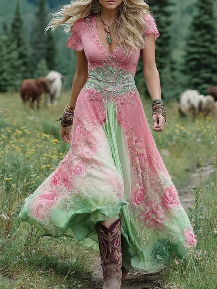 Bohemian floral maxi dress for women, featuring a graceful flowing silhouette, perfect as an occasion or vacation dress.