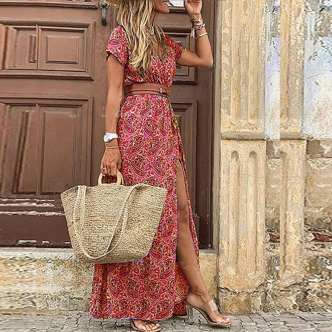 Boho floral print maxi dress for women, with a flattering side slit, perfect for warm weather & beach days.