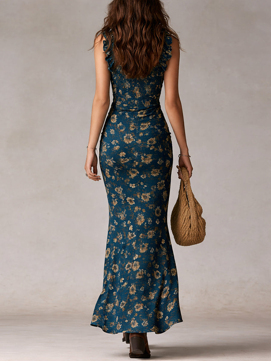Retro print bohemian floral maxi dress for women, with ruffled sleeves, side slit, & flowy design.