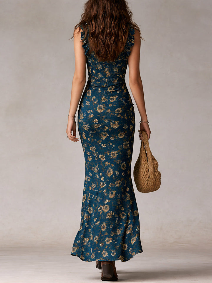 Retro print bohemian floral maxi dress for women, with ruffled sleeves, side slit, & flowy design.