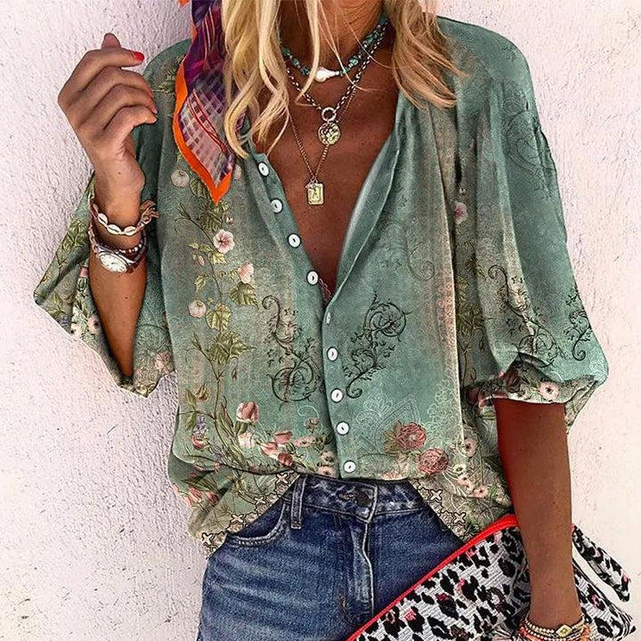 Women's bohemian floral V-neck blouse with short sleeves & button front, perfect for casual spring/summer style.