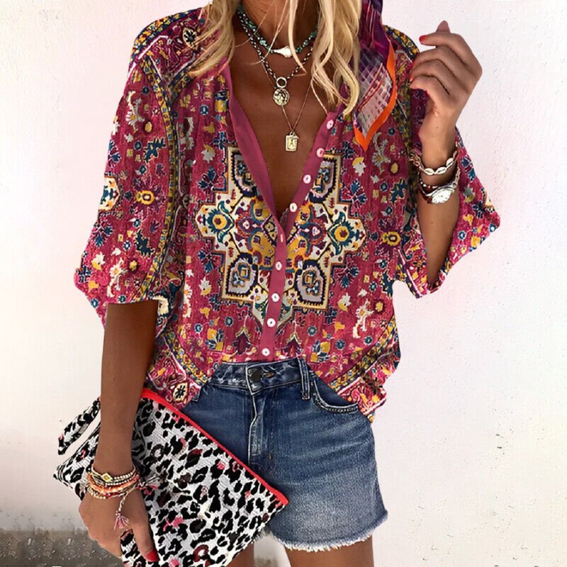 Comfortable short sleeve floral V-neck blouse for women, featuring a stylish button-up front. Casual spring fashion.